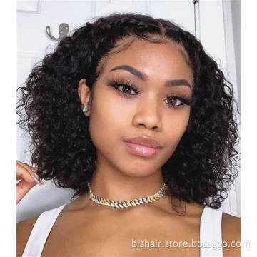 BIS deep wave brazilian human hair bob closure natural wig hairline remy short curly hair bob lace front wig with baby hair